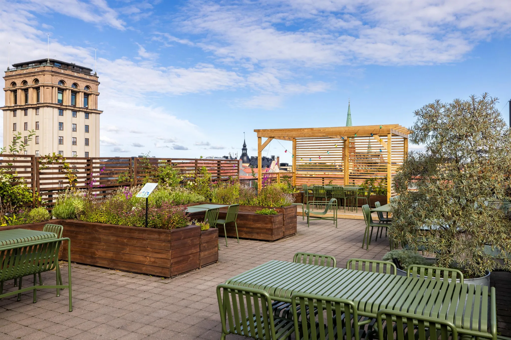 En takterrass med grönskande odlingslådor, gröna bord och stolar samt en träpergola under en klarblå himmel.