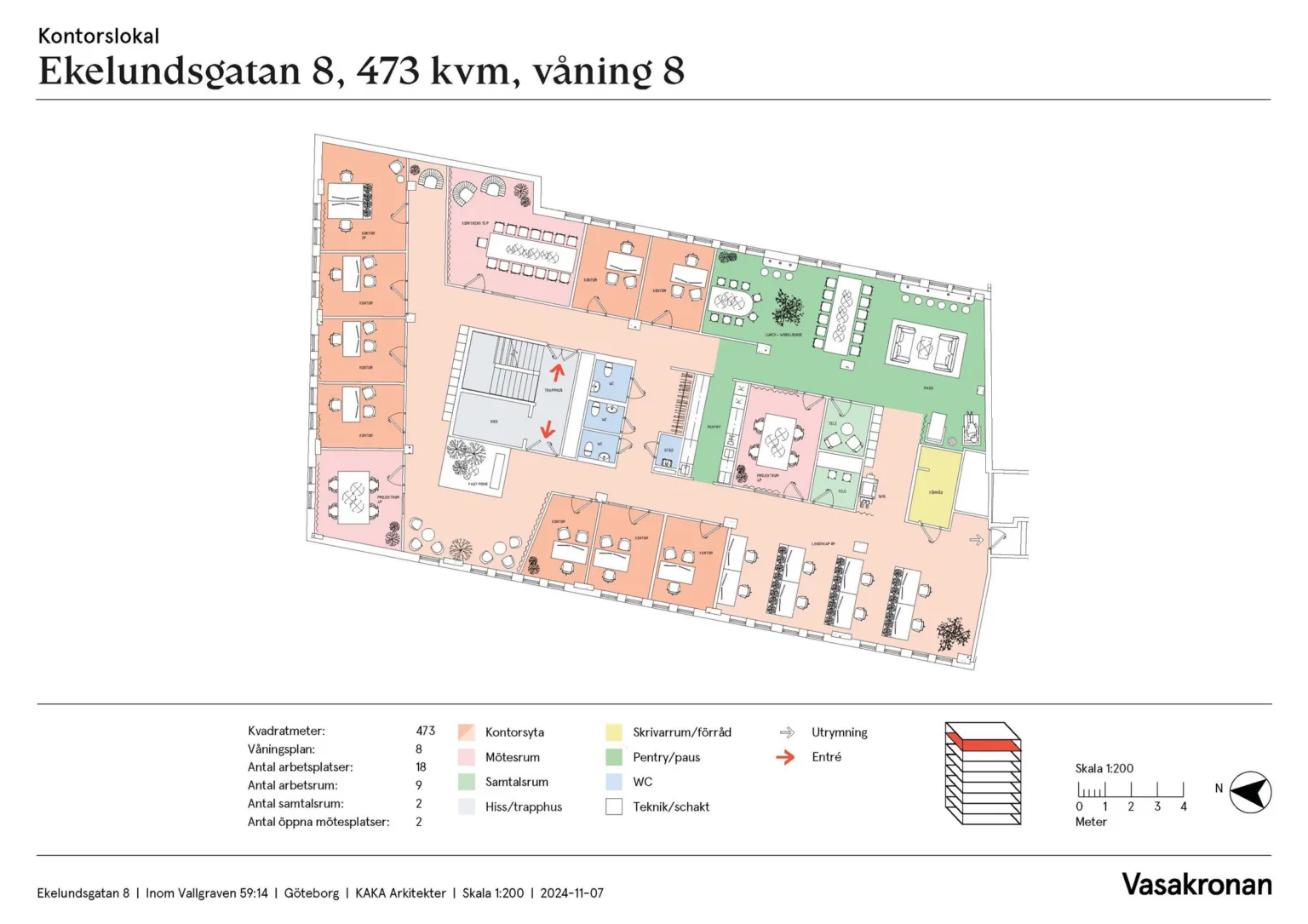 En detaljerad planritning för en våning på 473 kvadratmeter, våning 8, med färgkodade områden och textinformation.