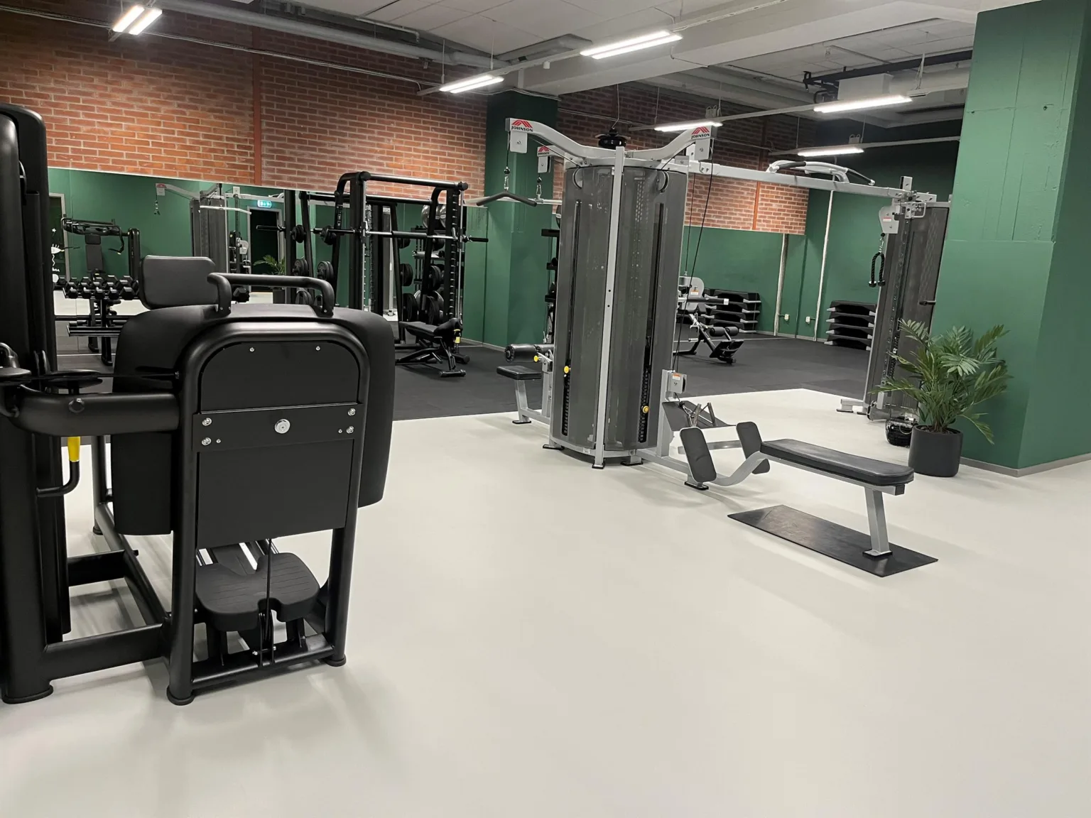 3. Ett gym med träningsmaskiner, fria vikter och gröna väggar.
