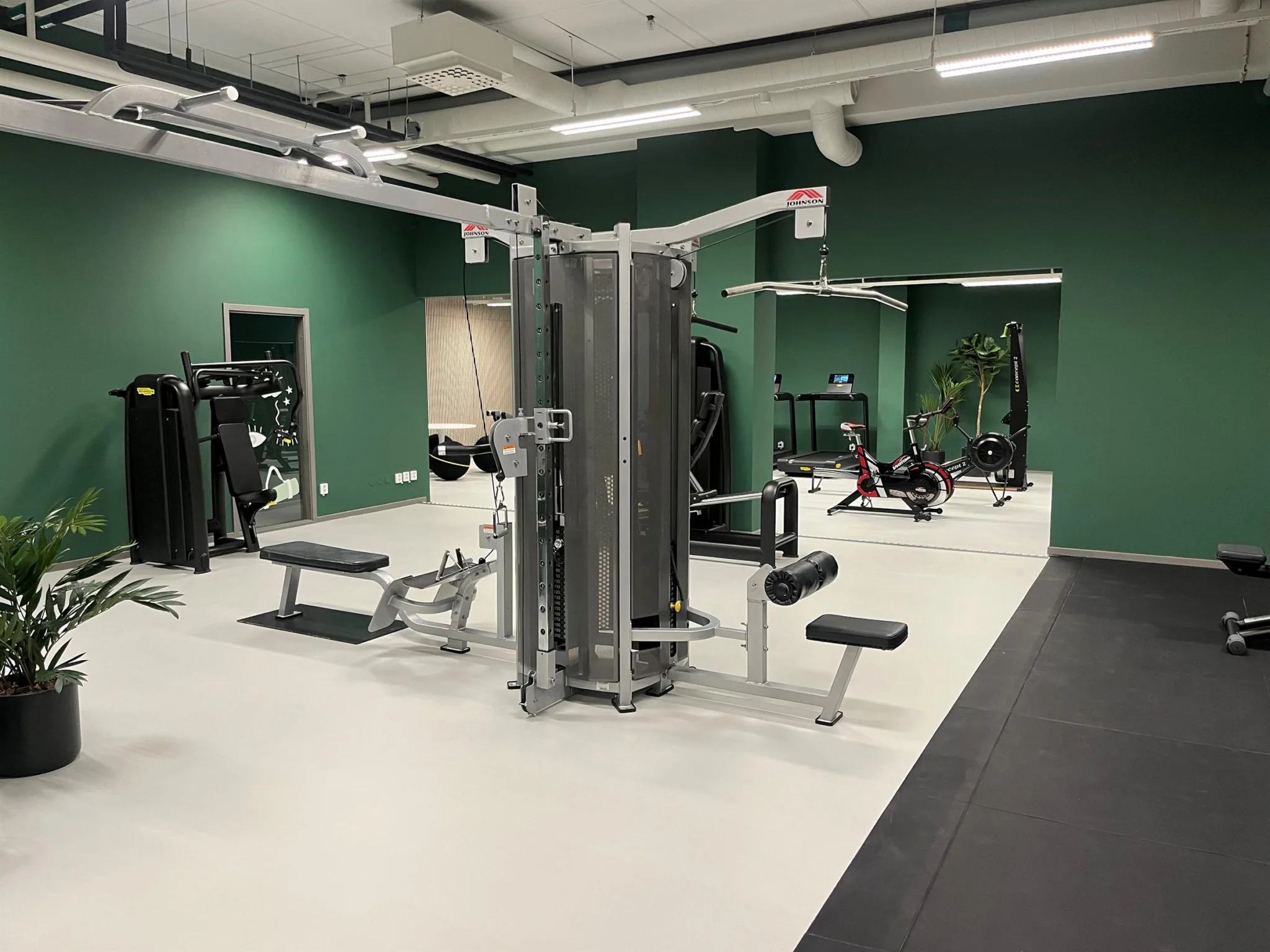 Ett gym med gröna väggar, träningsmaskiner, bänkar och speglar.