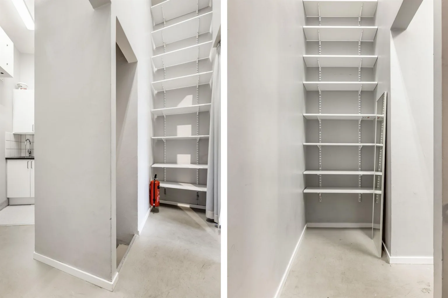 Två bilder av en smal förvaringsyta med vita hyllor och en brandsläckare i hörnet.