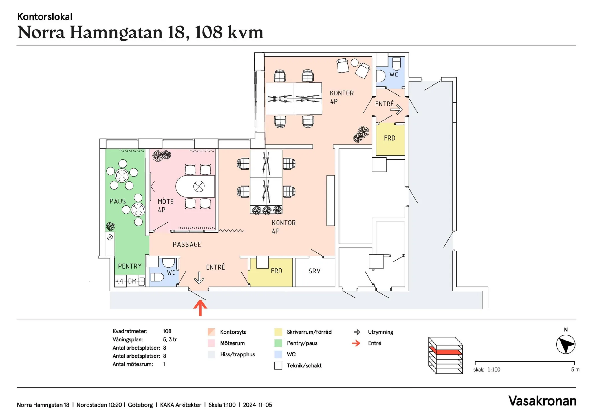 5. En färgglad planritning märkt "Tegnérgatan 18, 108 kvm" med detaljerade utrymmen och legend.