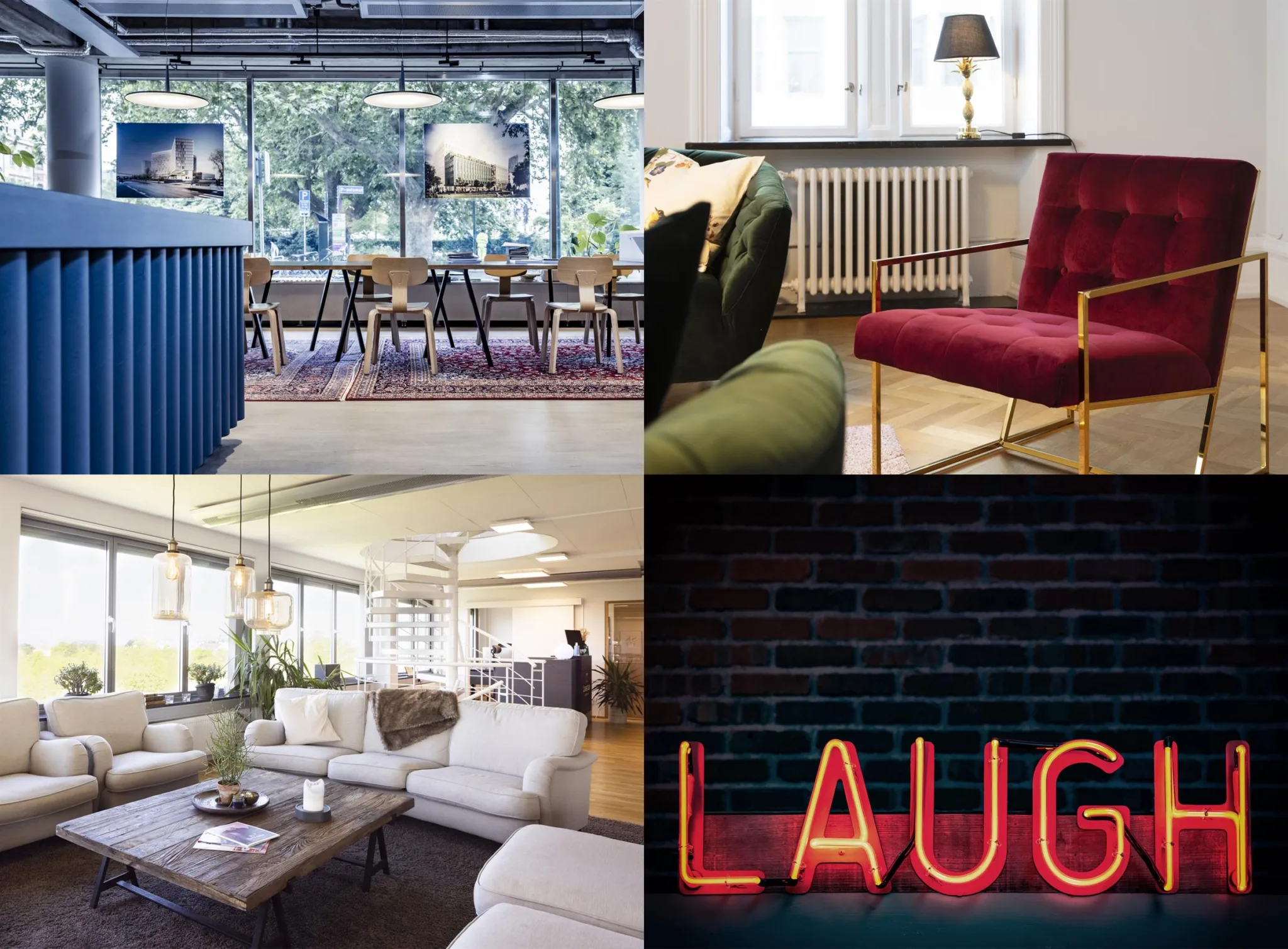 Fyra interiörbilder: ett mötesrum med stora fönster, ett rött fåtölj, en lounge med vita soffor och en neontext som lyder "LAUGH".
