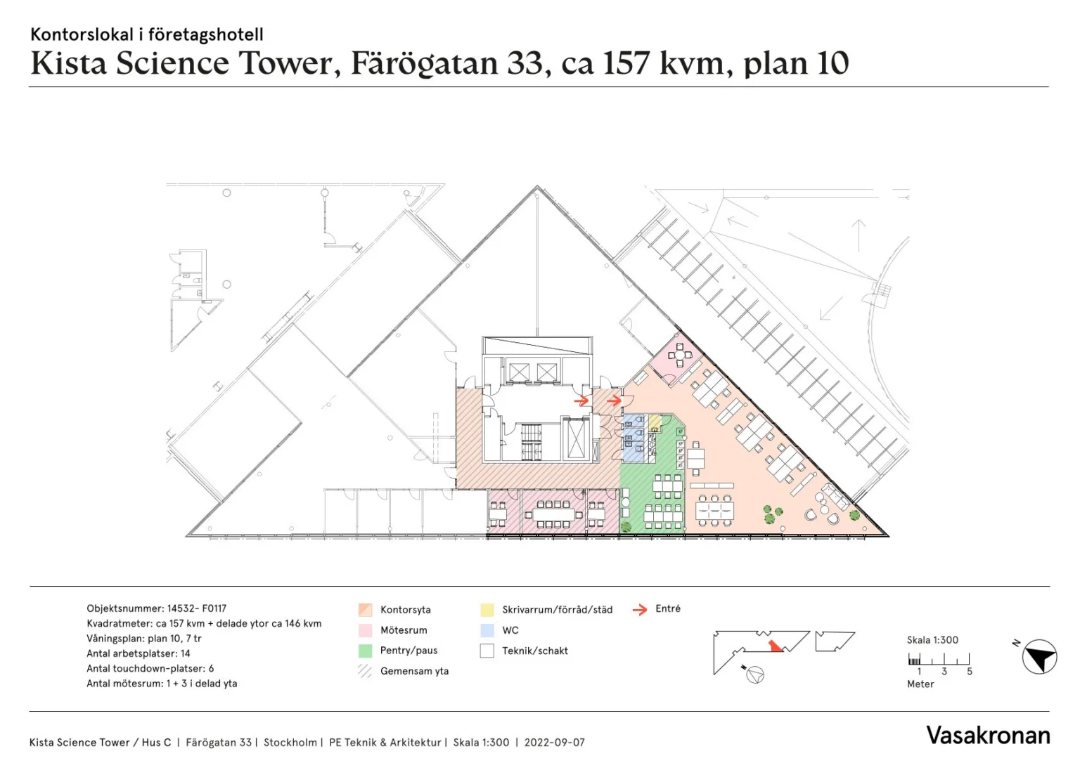 5. En planritning för Science Tower, Färögatan 33, ca 157 kvm, plan 10, med markerade områden och textbeskrivningar.