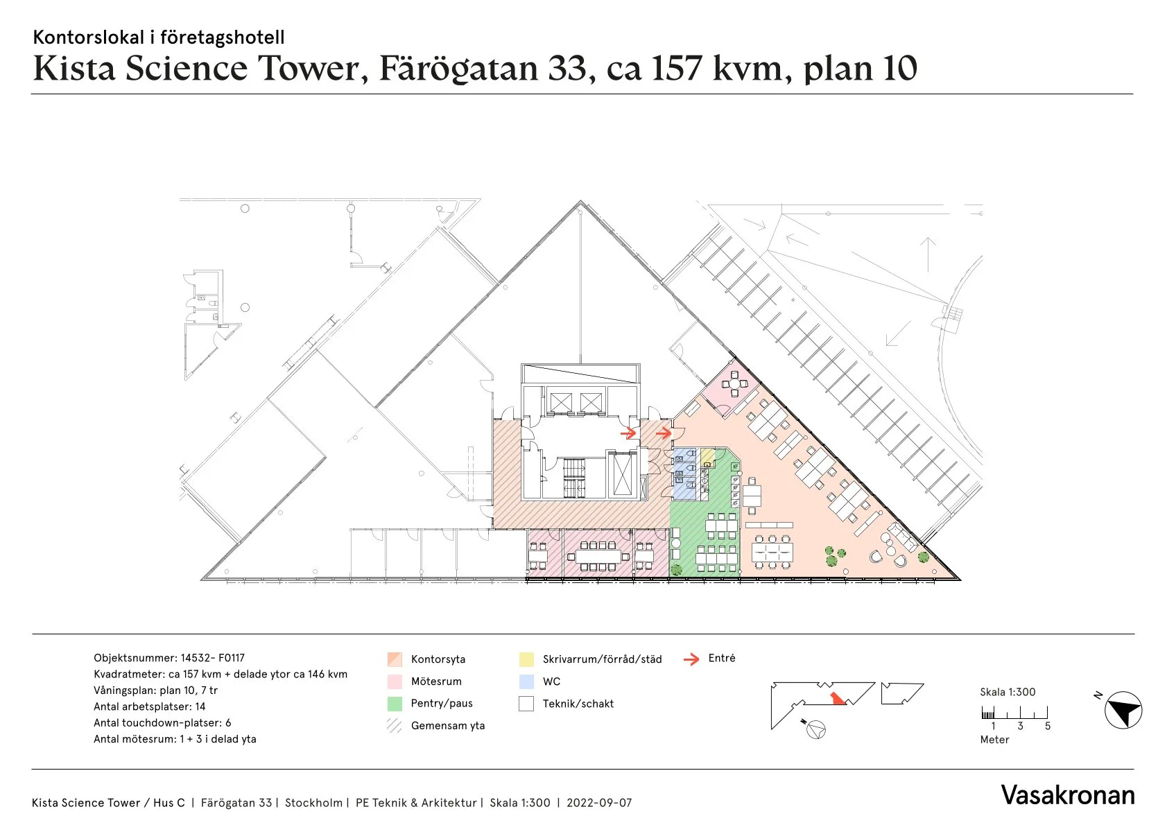 5. En planritning för Science Tower, Färögatan 33, ca 157 kvm, plan 10, med markerade områden och textbeskrivningar.