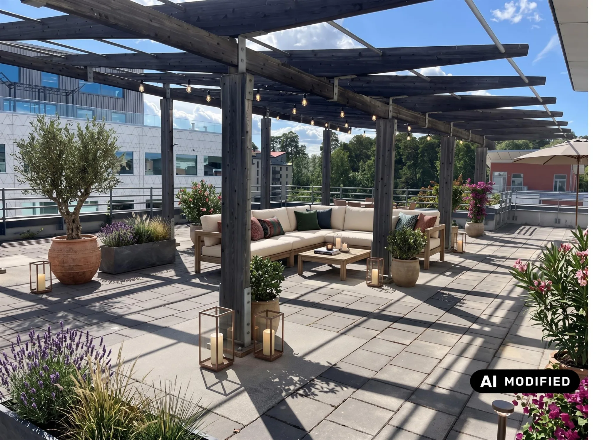 En möblerad takterrass med sittplatser, växter och pergola under en blå himmel.