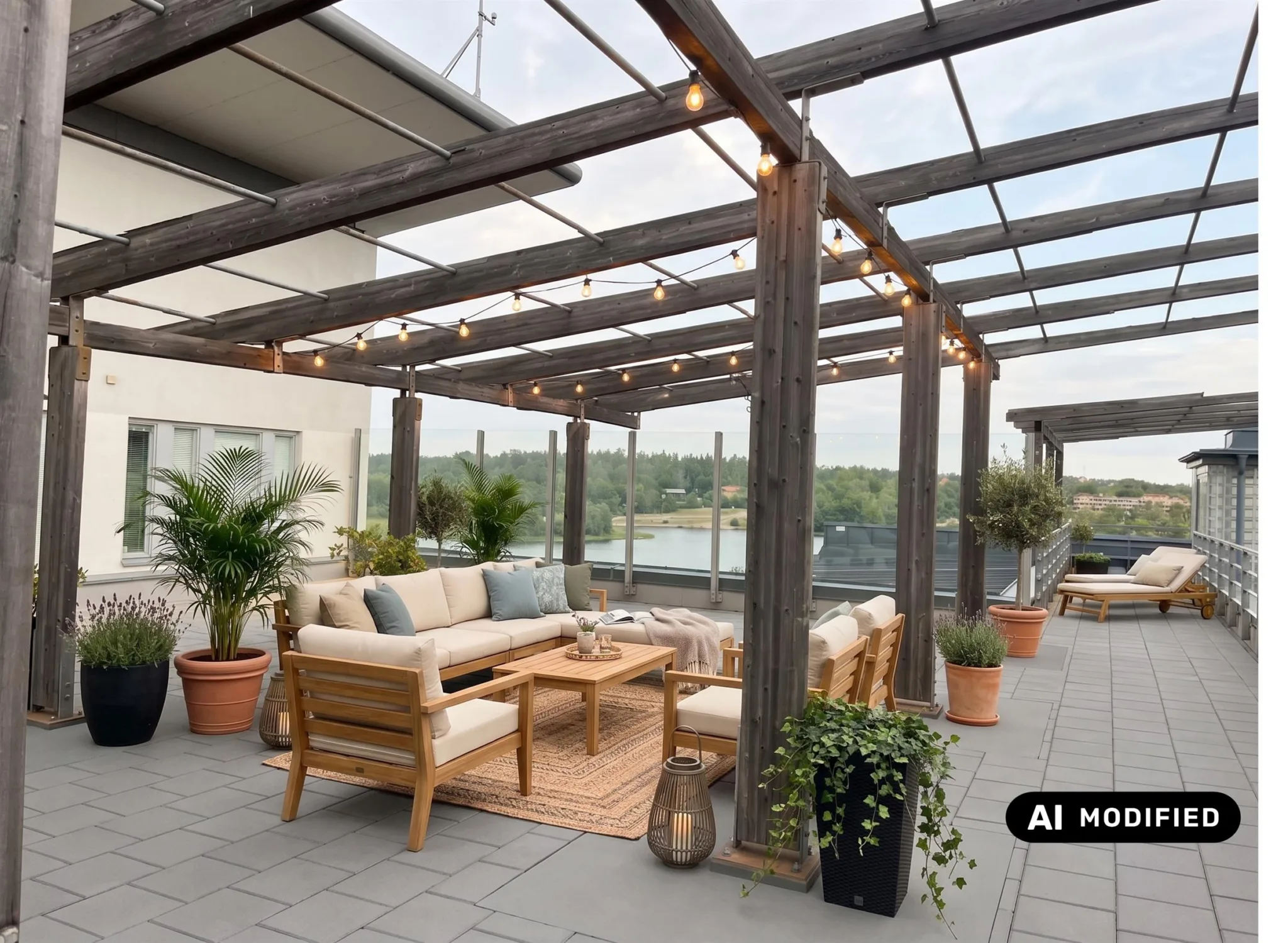 En utomhuslounge med träpergola, soffor, bord och krukväxter.