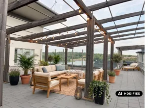 En utomhuslounge med träpergola, soffor, bord och krukväxter.