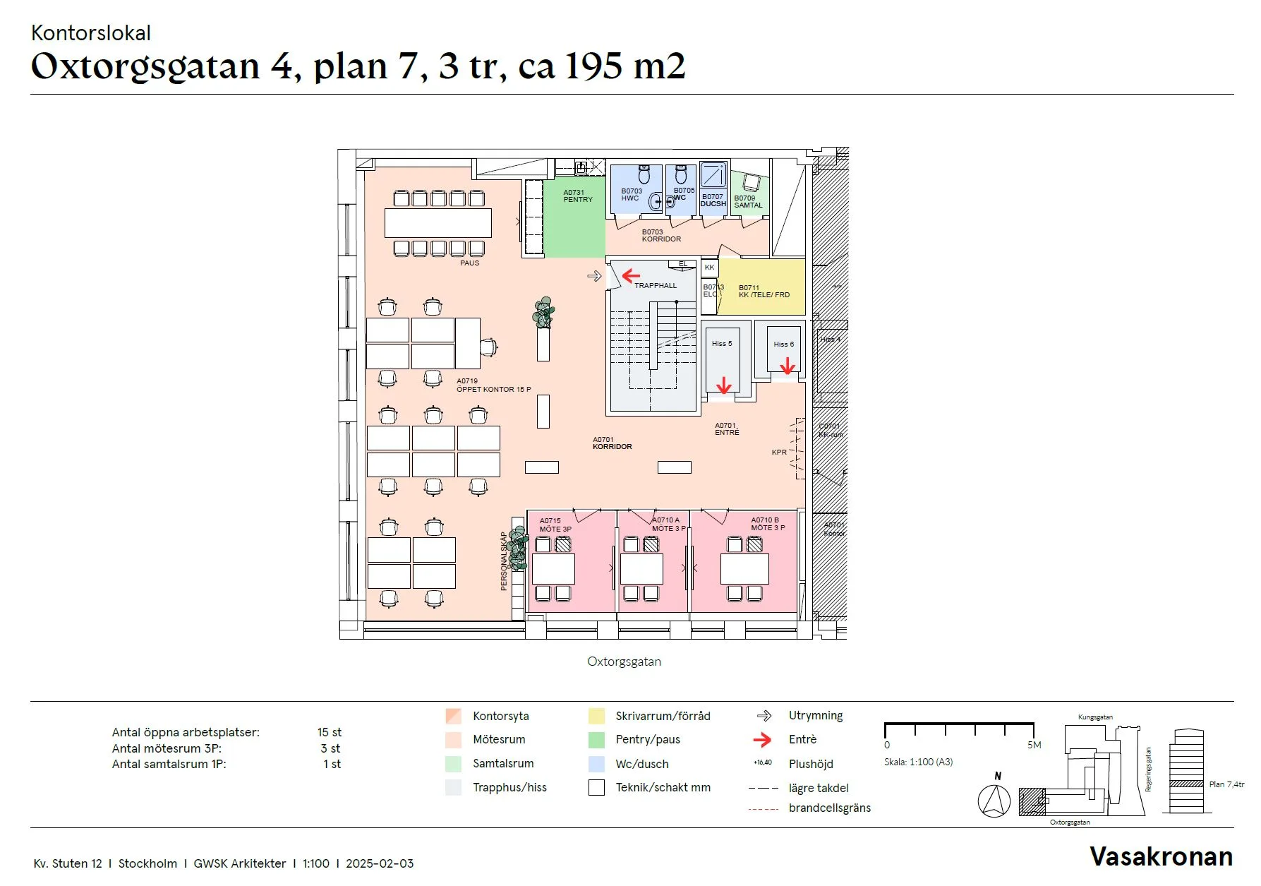 5. En planritning som visar ett kontor på 195 m² med markerade utrymmen för mötesrum, arbetsplatser och andra funktioner, texten "Regeringsgatan 4, plan 7, 3 tr, ca 195 m²" står högst upp.