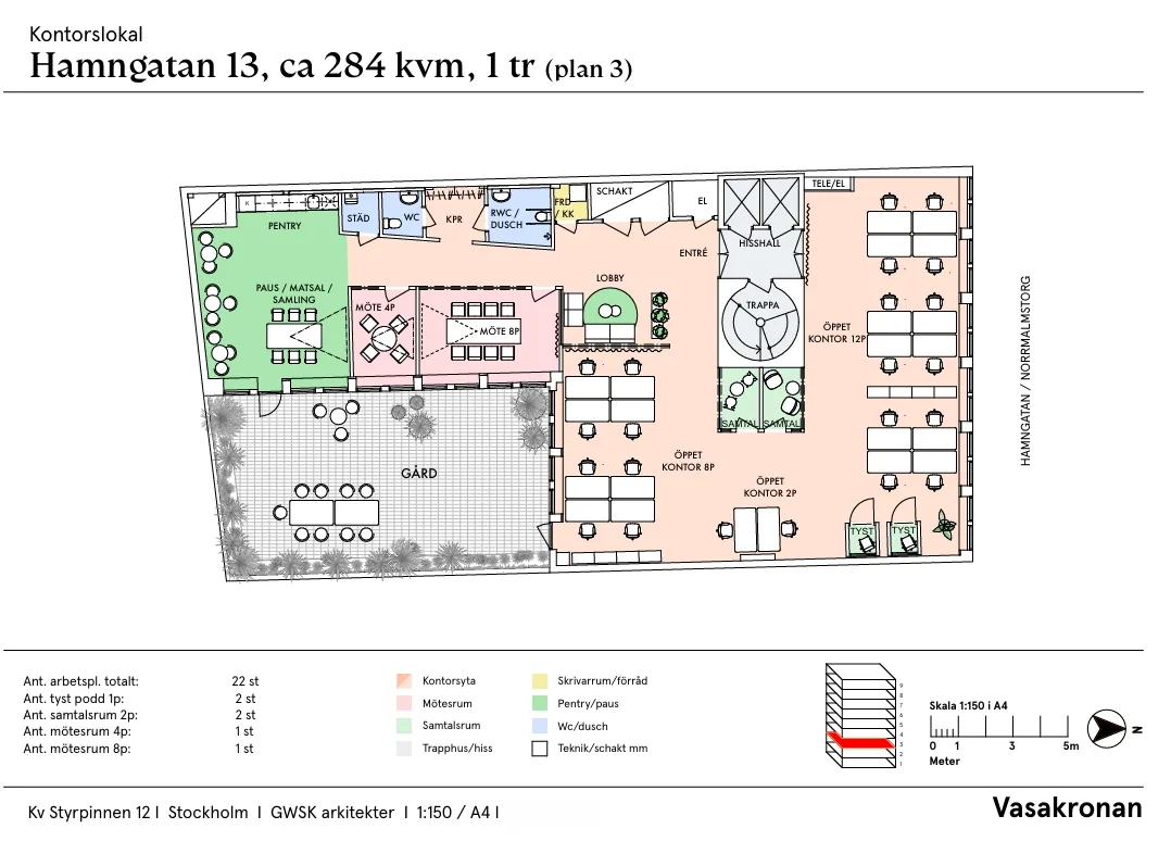 Färgglad planlösning för en våning på 284 kvm med olika områden markerade för arbetsplatser, mötesrum, kök och lounge samt en legend längst ner.