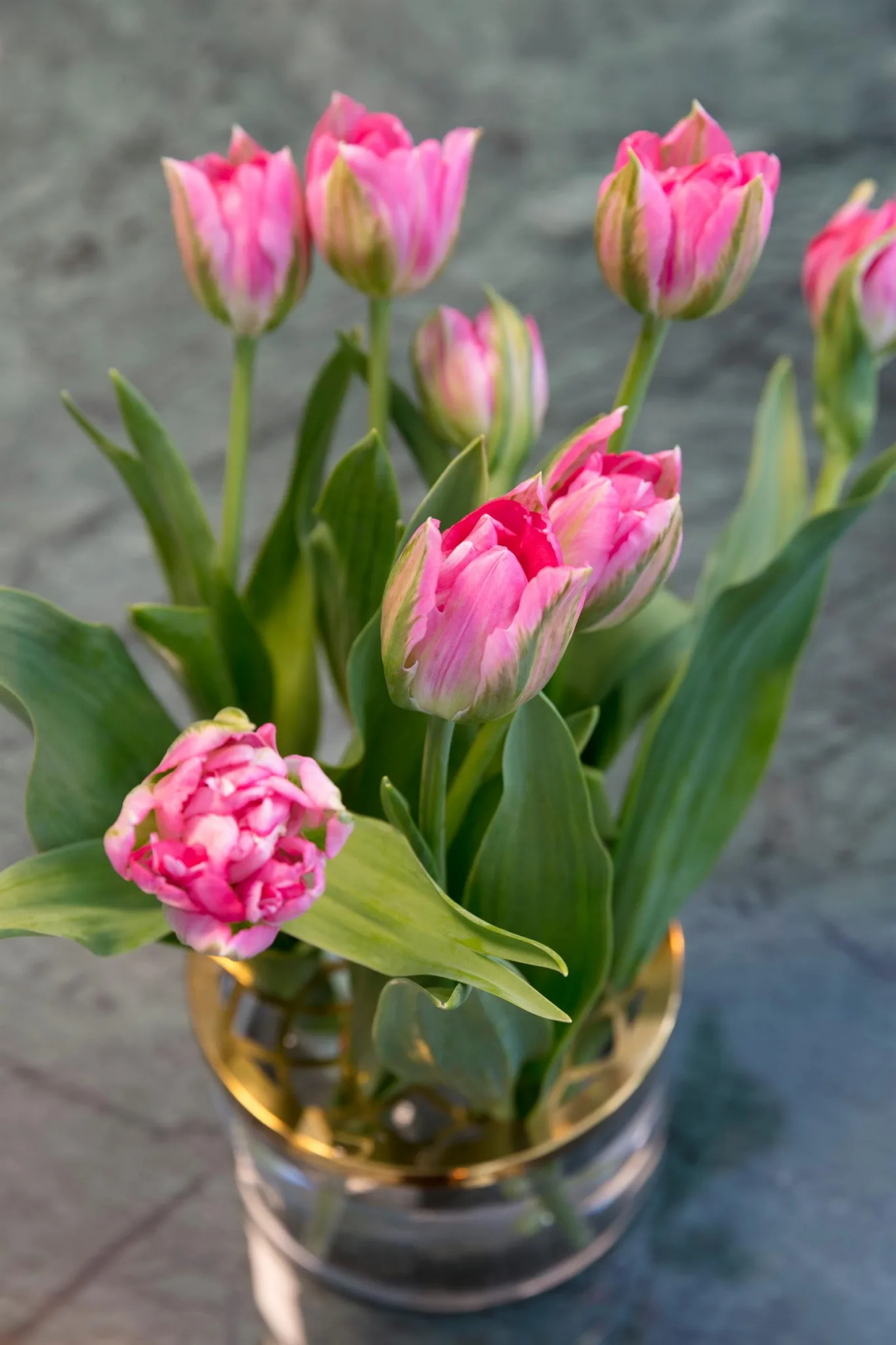 4. En närbild av rosa tulpaner i en glasvas på ett bord.